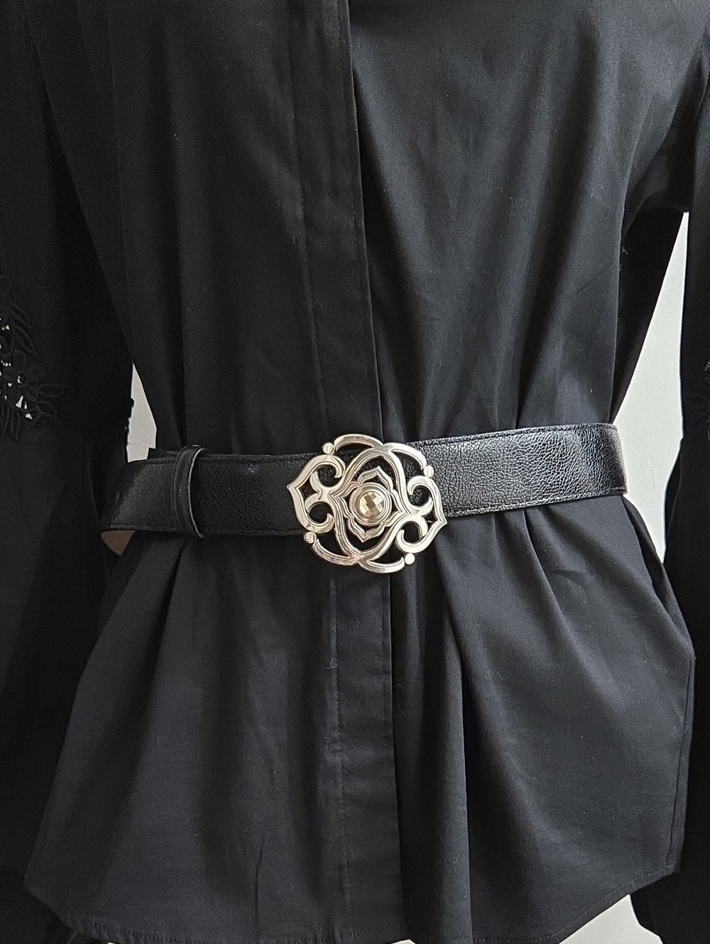 Brighton Black Leather Belt with Silver Floral Buckle